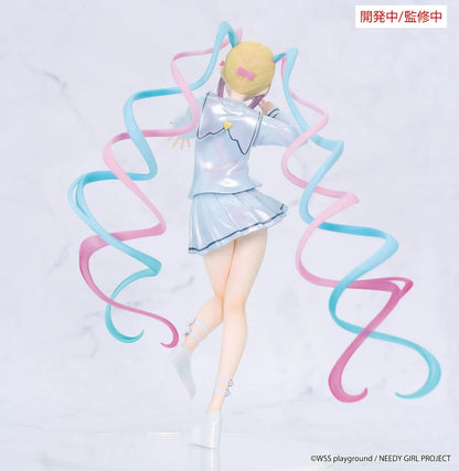 Prototype NEEDY GIRL OVERDOSE Vivit INTERNET ANGEL figure in a pale blue outfit with a yellow bow, spiraling pink-and-turquoise hair, and a peace-sign pose.