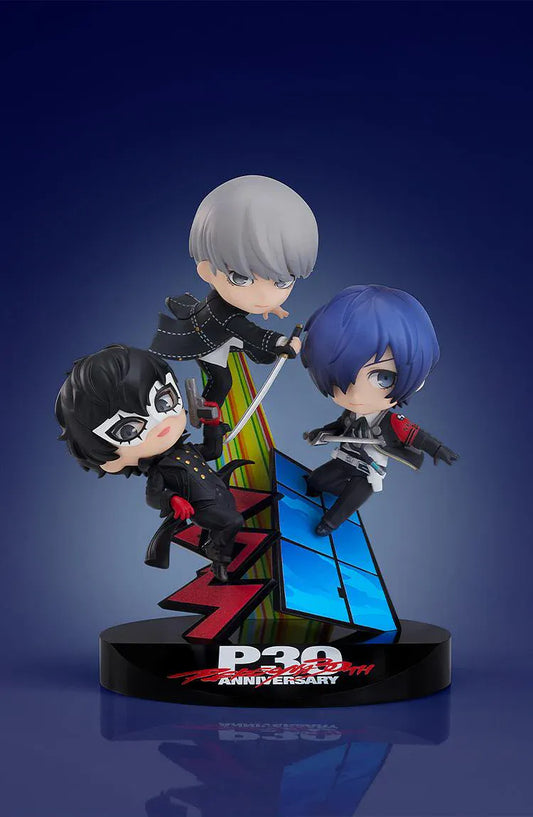 PERSONA 30th ANNIVERSARY Nendoroid More Collaboration Vignette Figure featuring multiple chibi-style Persona characters on a colorful anniversary display base.