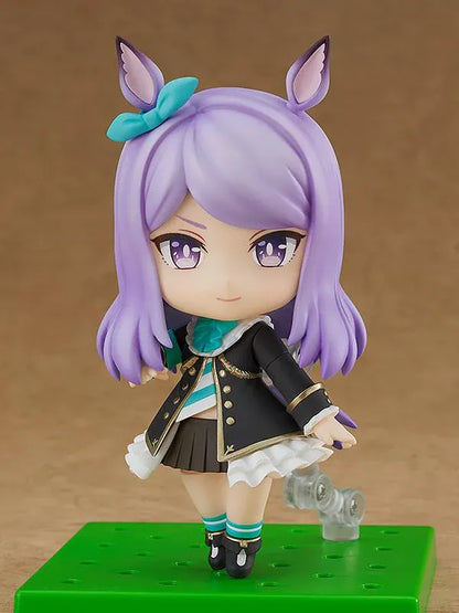 Umamusume Pretty Derby Nendoroid Mejiro McQueen rerelease figure with lavender hair, horse ears, and a black-and-teal racing uniform.