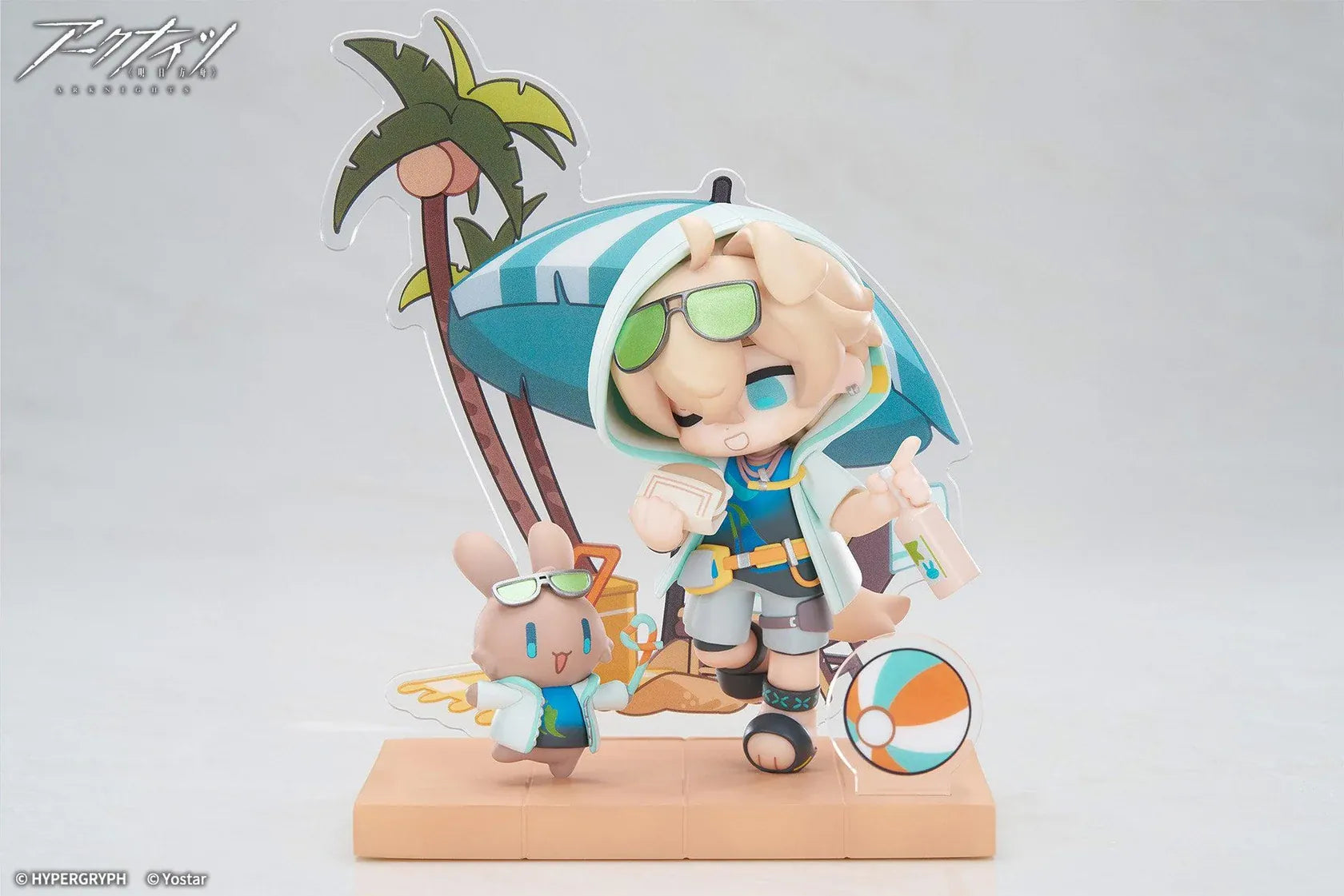 Arknights Cuties Series Tequila Chibi Figure with bunny companion, sunglasses, tropical beach umbrella, palm tree, and beach accessories