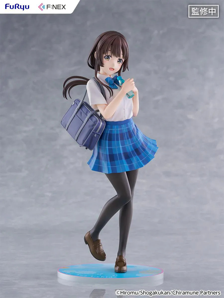 Chitose Is in the Ramune Bottle Yua Uchida 1/7 Scale Figure with brown hair, blue plaid skirt, school uniform outfit, shoulder bag, drink bottle accessory, and display base