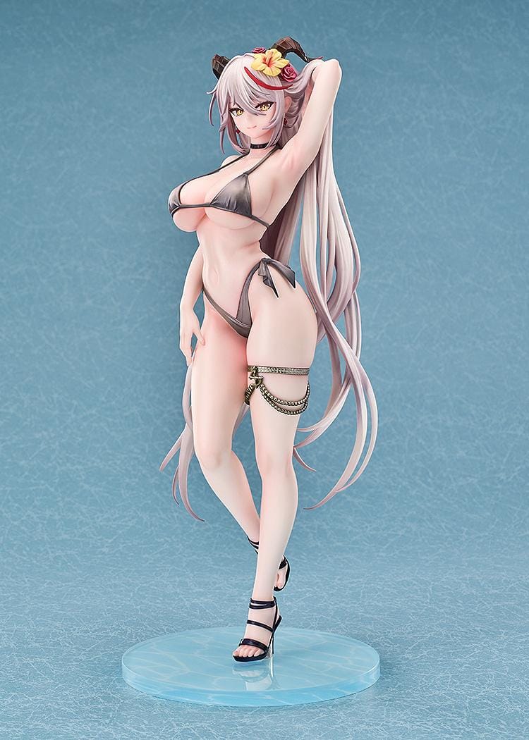 Azur Lane Agir Nightpool 1/6 Scale Figure featuring Agir with long silver hair, horn details, floral accessories, dark swimwear, and a water-inspired display base.