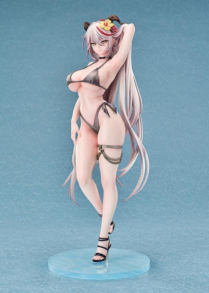 Azur Lane Agir Nightpool 1/6 Scale Figure featuring Agir with long silver hair, horn details, floral accessories, dark swimwear, and a water-inspired display base.