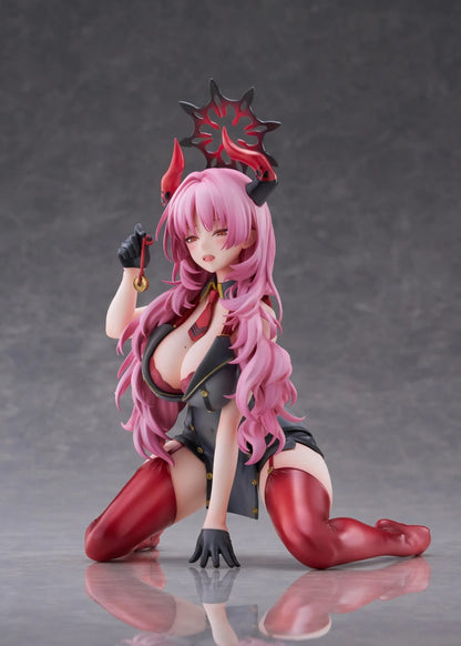 Blue Archive Satsuki Memorial Lobby 1/7 scale figure kneeling in a black-and-red outfit with flowing pink hair, horns, and a dark halo.
