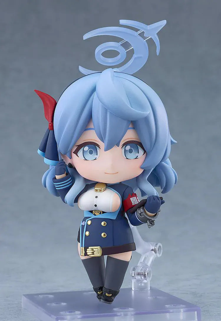 Blue Archive Nendoroid Ako Amau Figure with light blue hair, halo detail, navy uniform, paintbrush accessory, and chibi display base