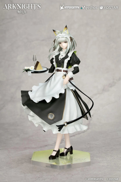 Kal'tsit The Remains of Time Ver. figure wearing a flowing black and white maid dress and holding a serving tray on a translucent green base.