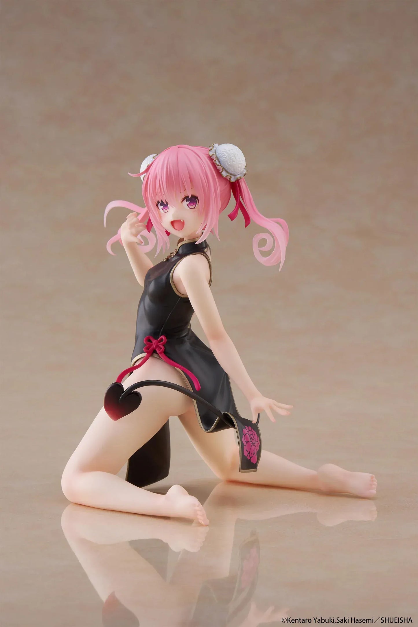 To Love-Ru Darkness Desktop Cute Nana (Chinese Dress Ver.) Figure featuring Nana Astar Deviluke in a black and red cheongsam with twin tails and heart-shaped tail design.