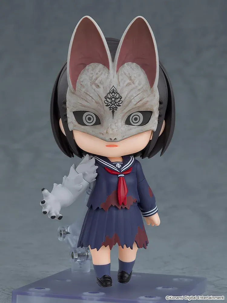 SILENT HILL f Nendoroid Fox Hinako wearing a weathered fox mask and tattered navy sailor uniform, with a red necktie and oversized gray arm.