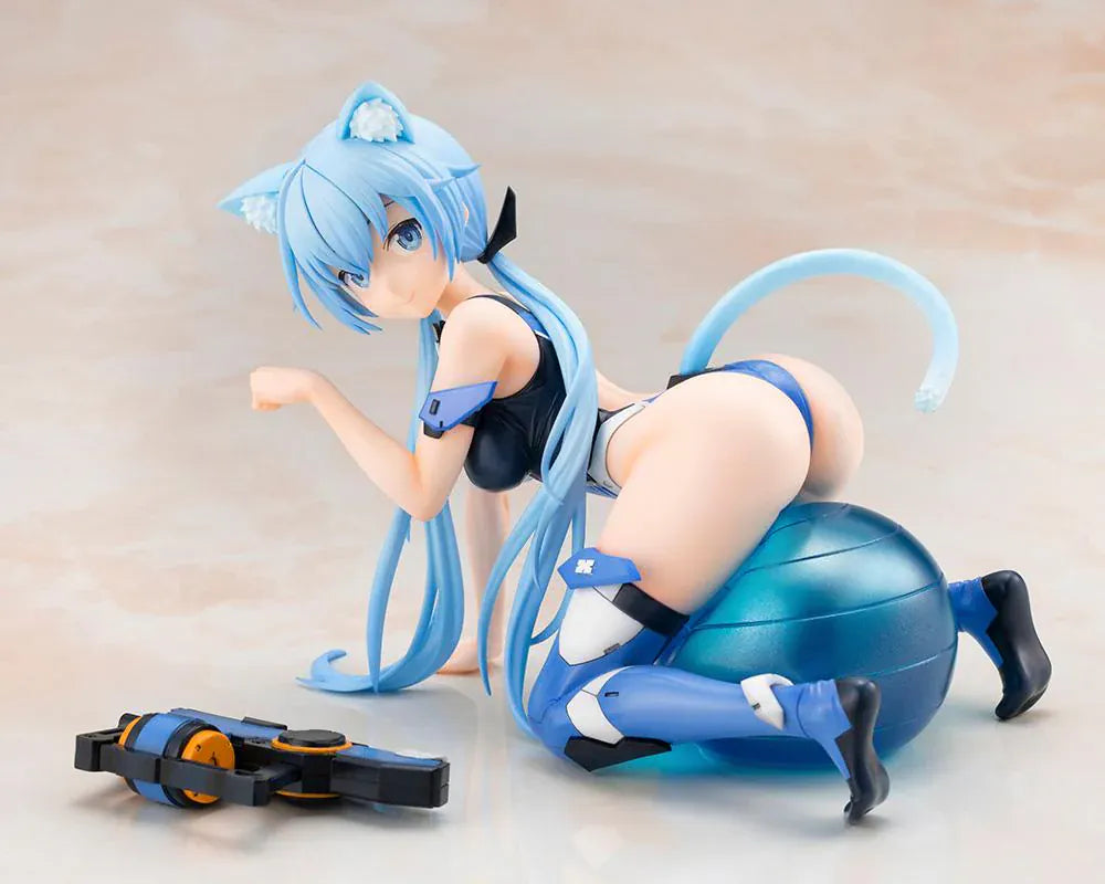 Frame Arms Girl Stylet Swimsuit Ver. Figure featuring Stylet with long light blue hair, cat ear details, blue-and-black swimsuit outfit, mechanical accessory parts, and display pose.
