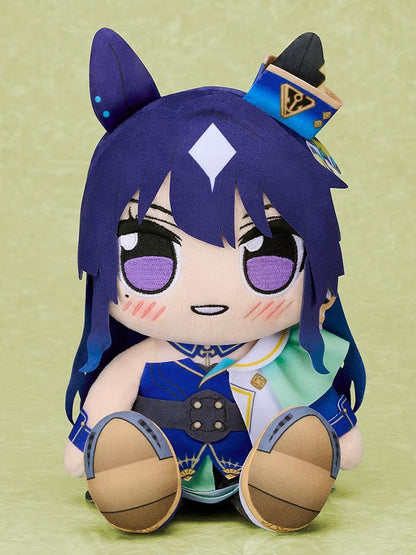 Umamusume Pretty Derby Kuripan Verxina plushie with dark-blue hair, purple eyes, horse ears, a mini hat, and a blue-and-green racing outfit.