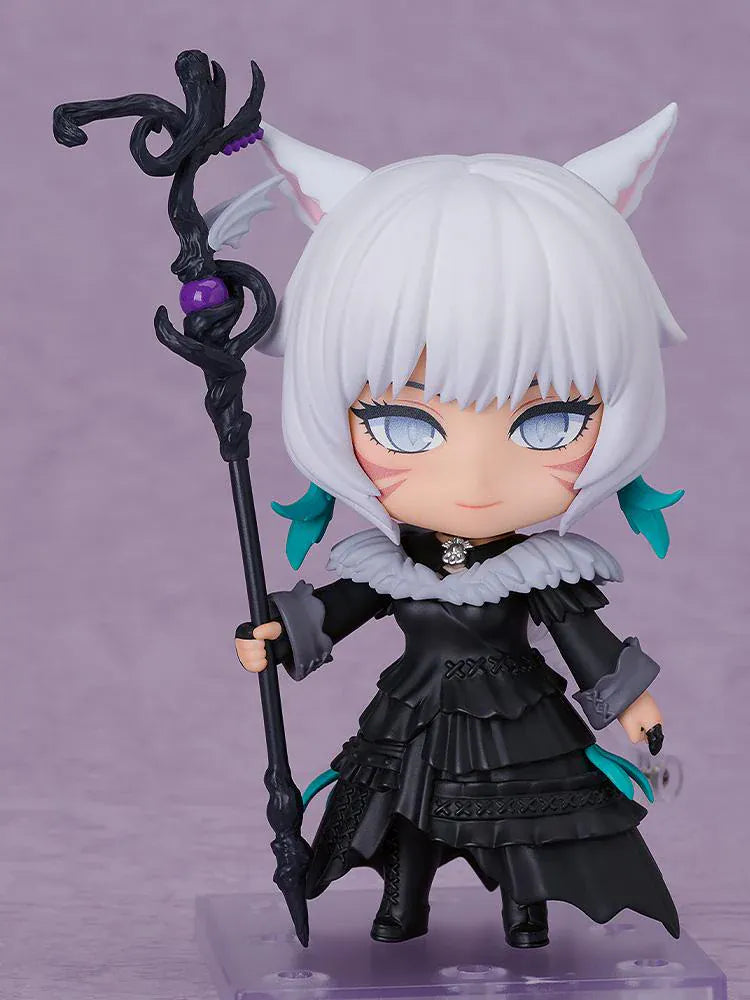 Final Fantasy XIV Nendoroid Y'shtola Figure featuring Y'shtola in a chibi-style design with white hair, cat-like ears, black outfit, and ornate staff accessory.