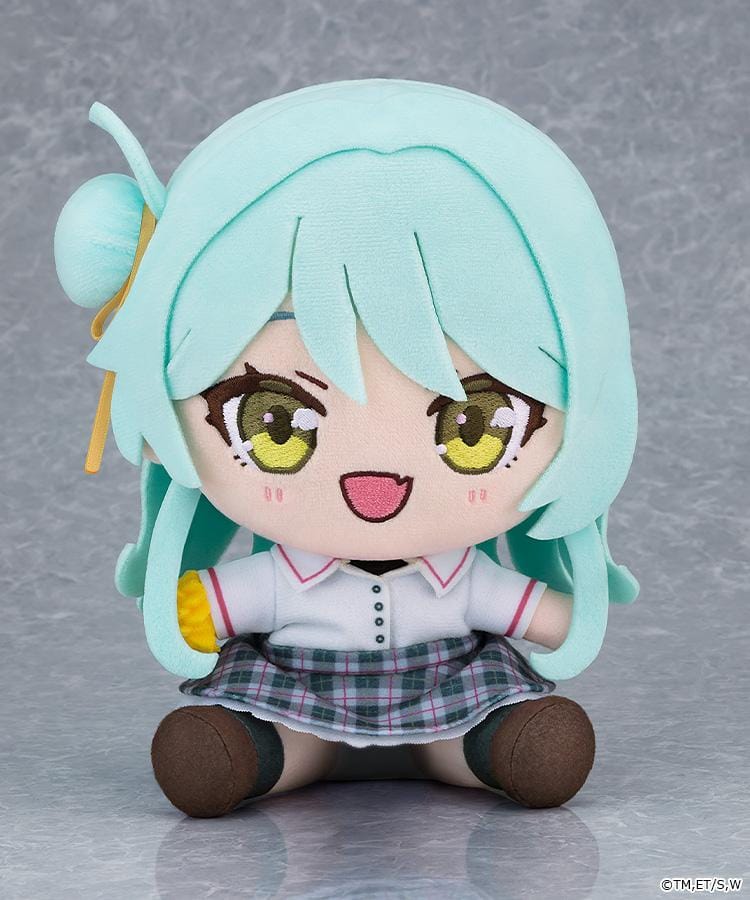 There's No Freaking Way I'll Be Your Lover! Unless... Kaho Koyanagi Chocopuni Plushie featuring a mint-green-haired anime girl with green eyes, a cheerful embroidered expression, white school blouse, plaid skirt, and brown shoes.