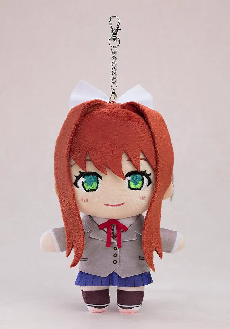 Doki Doki Literature Club! Monika plushie keychain with embroidered green eyes, auburn hair, a white bow, school uniform, and metal clasp.