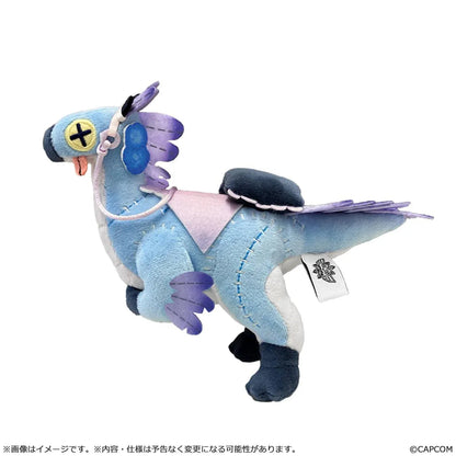 Monster Hunter Wilds Seikret Living Doll Caparison Plushie featuring a blue bird-like companion with purple feathers, button-style eyes, patchwork stitching, a decorative saddle, and dark blue feet.