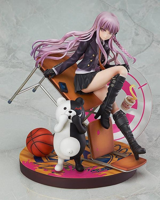 Kyoko Kirigiri 1/8 scale figure seated on a tilted classroom desk, with Monokuma, a basketball, and scattered furniture on a pink-accented base.