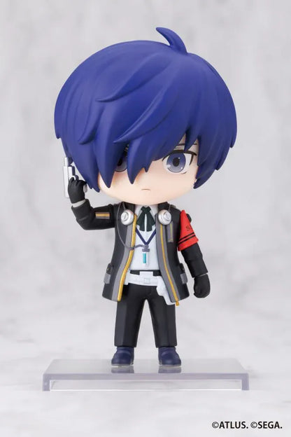 Persona 3 Reload Oshi Works Mini Hero Figure with blue hair, SEES uniform, headphones, and Evoker