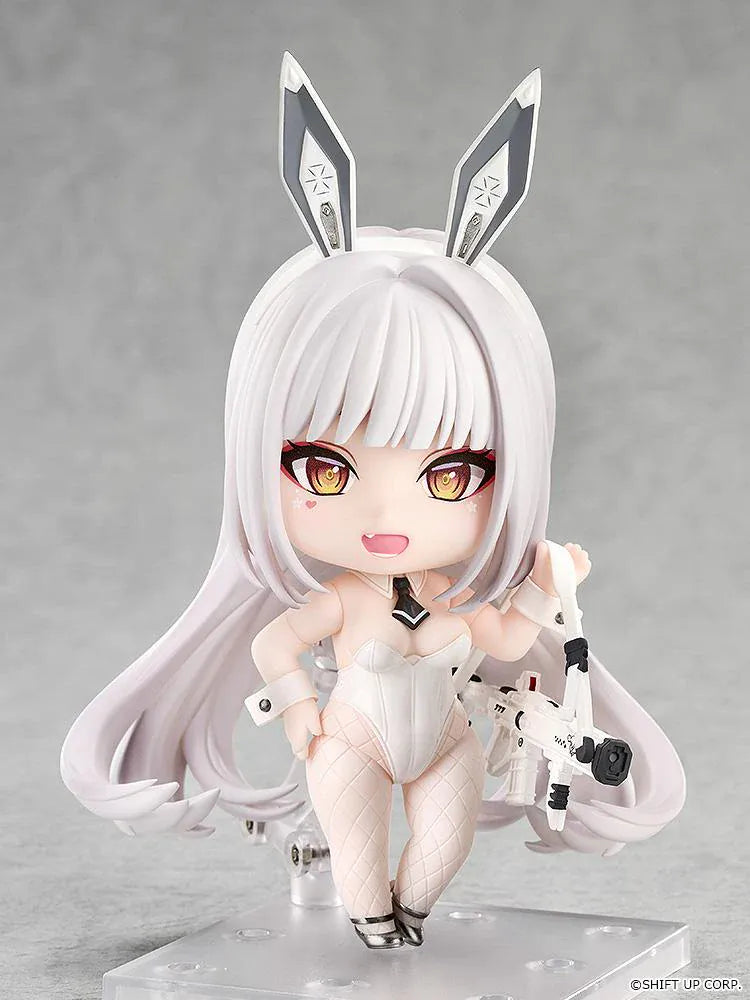 GODDESS OF VICTORY NIKKE Nendoroid Blanc Figure featuring Blanc in a white bunny outfit with long white hair, golden eyes, bunny ears, fishnet stockings, and weapon accessory.