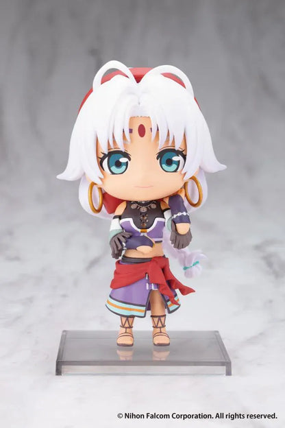 Trails in the Sky Oshi Works Mini Scherazard Harvey figure with white hair, turquoise eyes, gold-colored hoop earrings, purple outfit, and red sash.