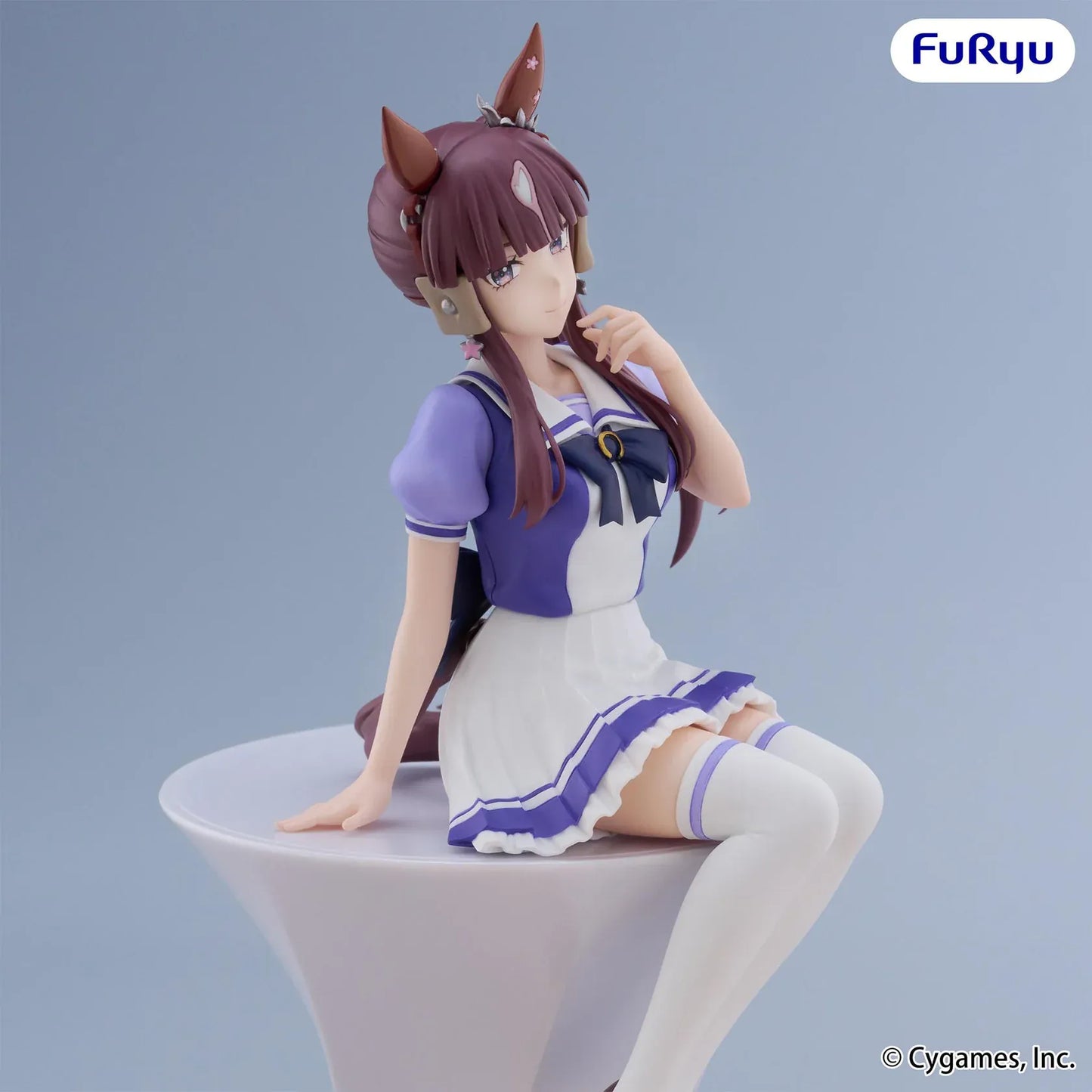 Uma Musume Pretty Derby Lucky Lilac Noodle Stopper Figure in a seated pose wearing her school uniform