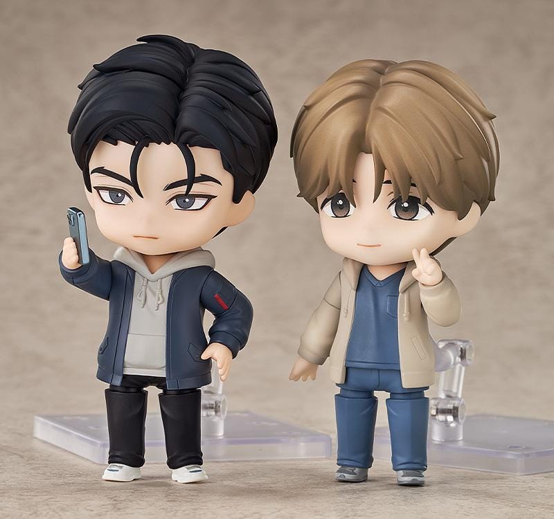 Jinx Nendoroid Joo Jaekyung and Kim Dan Figures featuring both characters in chibi-style designs with casual outfits and character accessories.