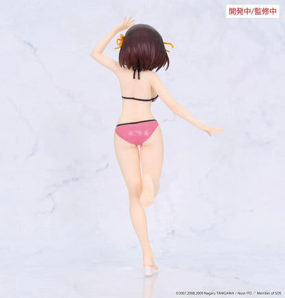Vivit Haruhi Suzumiya figure wearing a pink swimsuit with black trim and yellow hair ribbons, smiling with one arm raised and one leg lifted.