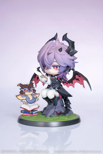 Genshin Impact Durin Floral Wanderings ver. with Bonus Non Scale Figure featuring Durin with lavender hair, horns, bat-like wings, books, companion illustration, and themed display base.