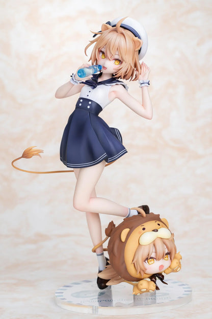 Rurudo Lion Marine Sailor Ver. figure in a navy and white sailor dress and hat, holding a blue bottle beside a chibi lion companion.