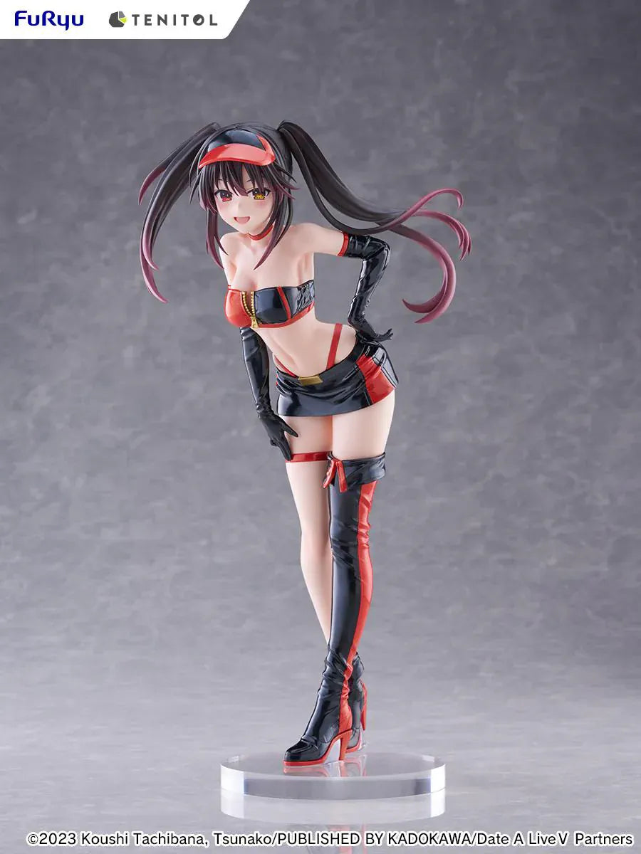 Date A Live V Tenitol Tall Kurumi Tokisaki Race Queen Ver. Figure featuring Kurumi with twin-tail hair, black-and-red race queen outfit, visor, gloves, and thigh-high boot styling.
