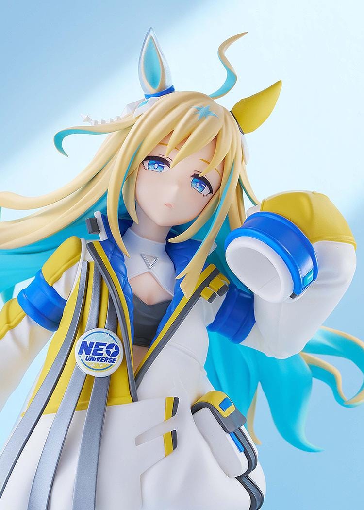 Uma Musume Pretty Derby POP UP PARADE L Neo Universe figure with white blue and yellow futuristic outfit and flowing blonde hair