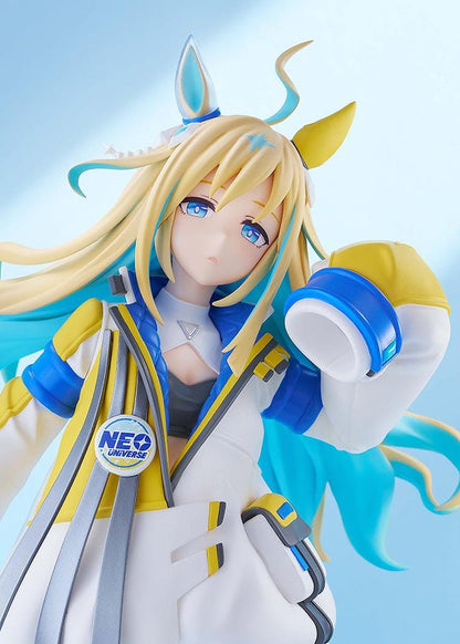 Uma Musume Pretty Derby POP UP PARADE L Neo Universe figure with white blue and yellow futuristic outfit and flowing blonde hair