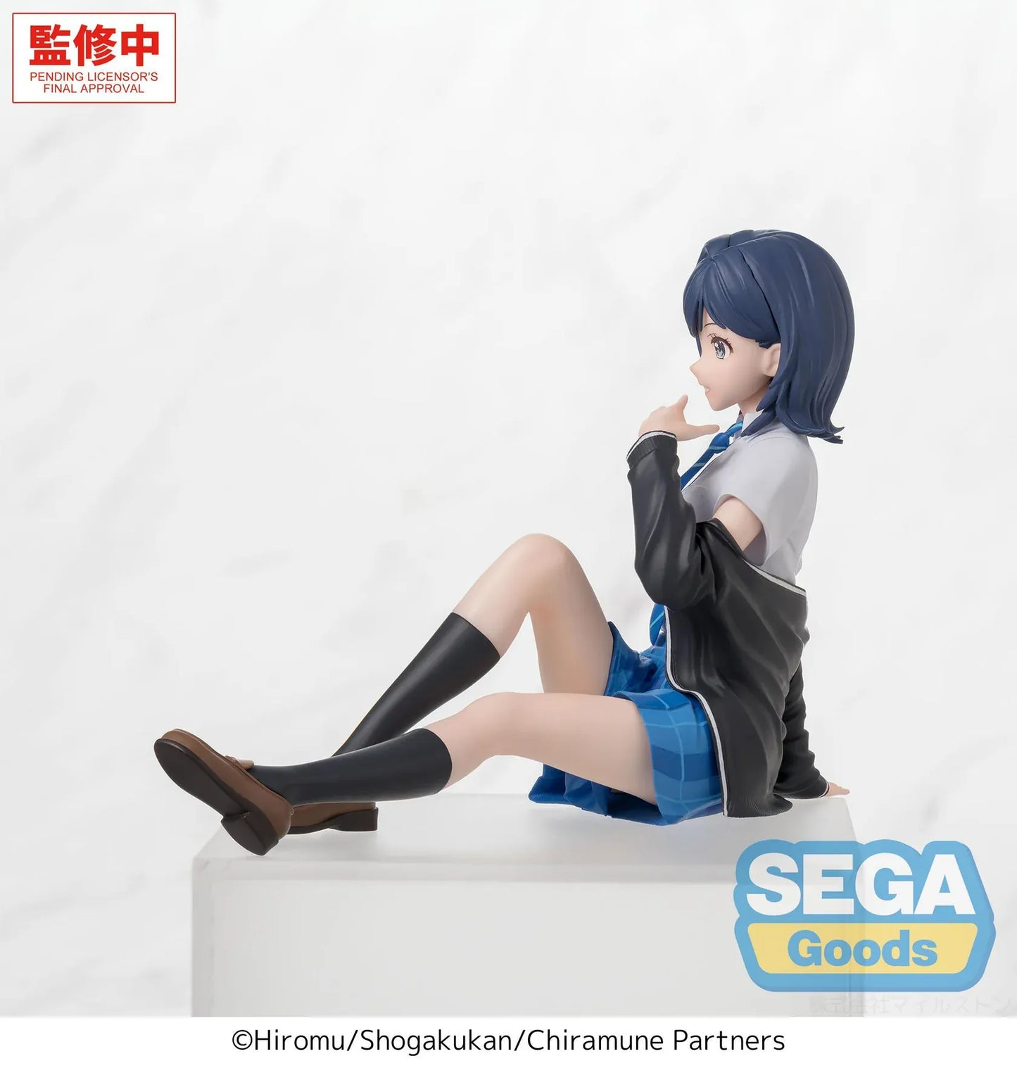 Chitose Is in the Ramune Bottle Yuzuki Nanase Premium Perching Figure by SEGA Goods featuring Yuzuki seated in a school uniform with blue plaid skirt and black jacket.