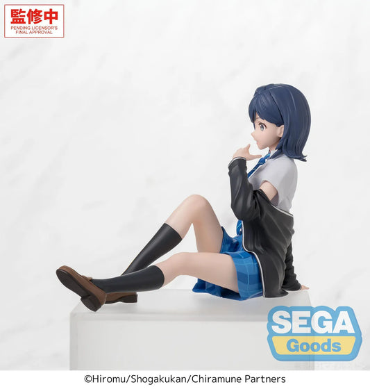 Chitose Is in the Ramune Bottle Yuzuki Nanase Premium Perching Figure by SEGA Goods featuring Yuzuki seated in a school uniform with blue plaid skirt and black jacket.