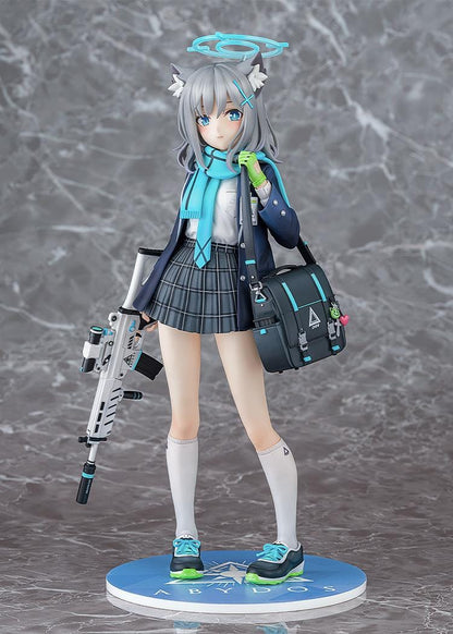 Blue Archive Shiroko 1/7 Scale Figure with silver-gray hair, wolf ears, blue halo, scarf, shoulder bag, and weapon accessory