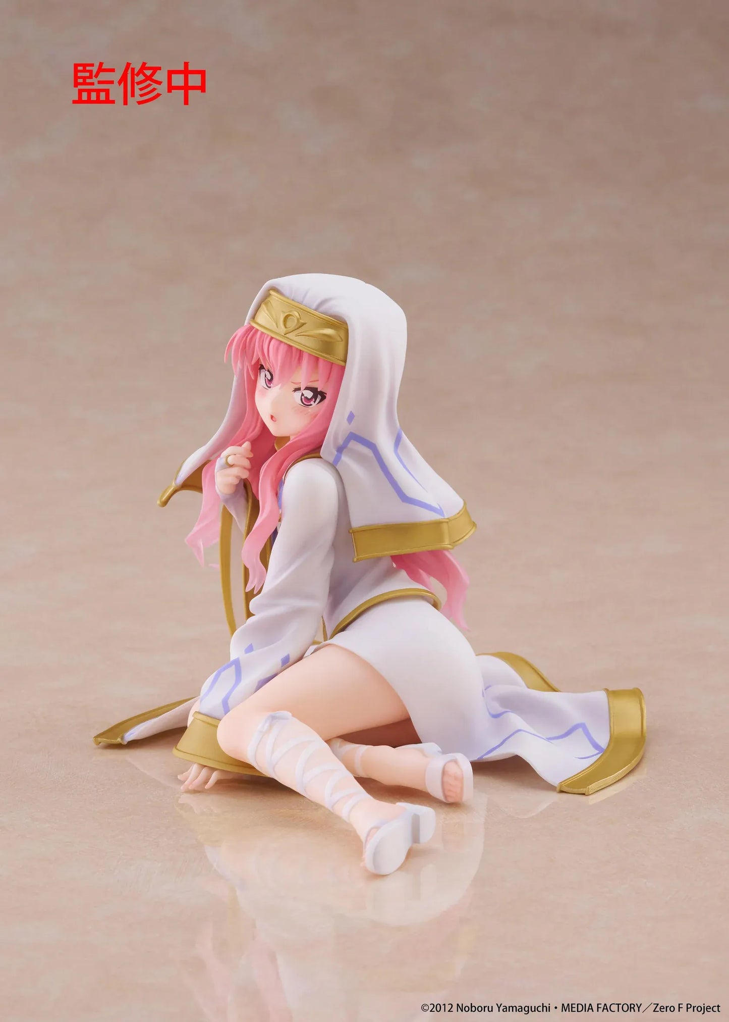 The Familiar of Zero Desktop Cute Louise Miko Outfit Ver. figure seated in a white-and-gold ceremonial outfit with long pink hair.