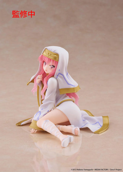 The Familiar of Zero Desktop Cute Louise Miko Outfit Ver. figure seated in a white-and-gold ceremonial outfit with long pink hair.