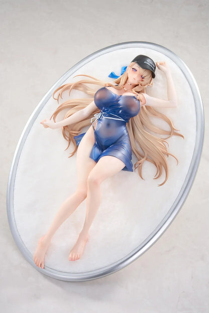 Brown Dust 2 Wilhelmina Water Park Queen 1/7 scale figure with bonus featuring Wilhelmina reclining on a cushion base in a translucent blue swimsuit with flowing blonde hair