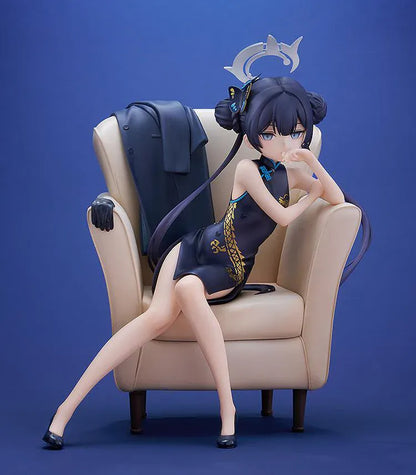 Blue Archive G.S. Collection Kisaki Memorial Lobby Ver. 1/7 Scale Figure seated in an armchair with dark outfit, halo, and blue accents