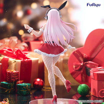 Nitroplus Super Sonico BiCute Bunnies Santa Ver. figure wearing a festive red bunny outfit with headphones, bunny ears, fishnet tights, and gradient pink-and-blue hair