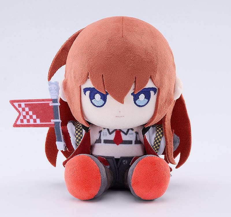 STEINS;GATE Kurisu Makise Racing Ver. Punipuni Plushie seated with reddish-brown hair, blue embroidered eyes, a racing outfit, and a red flag.