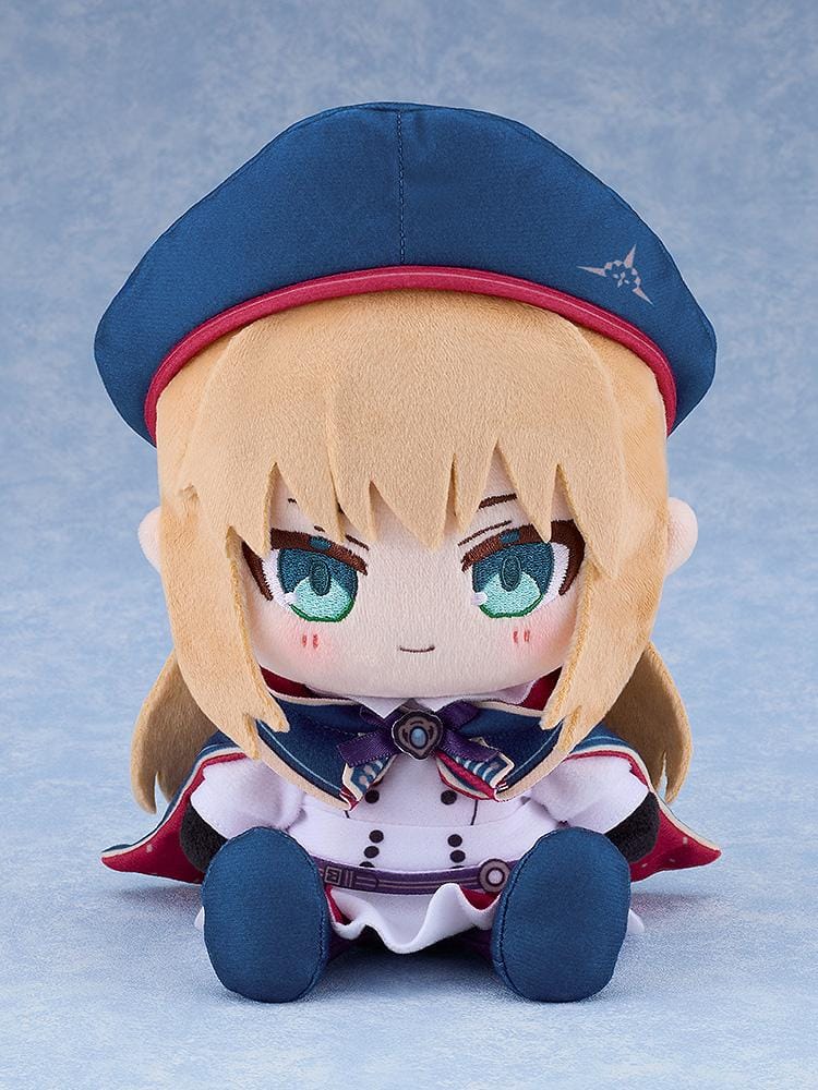 Fate/Grand Order Chocopuni Caster Altria Caster plushie sitting pose with blue beret, cape, and aqua eyes