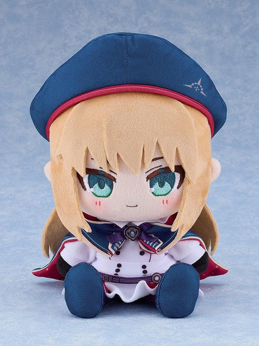 Fate/Grand Order Chocopuni Caster Altria Caster plushie sitting pose with blue beret, cape, and aqua eyes