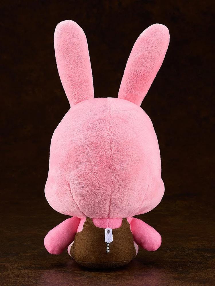 Silent Hill Robbie the Rabbit rerelease plushie with pink fur, long ears, red eyes, brown overalls, and a bloodstained mouth.
