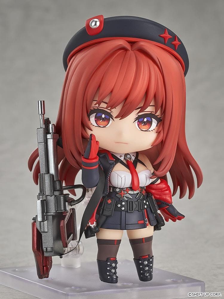 GODDESS OF VICTORY NIKKE Nendoroid Rapi Red Hood Figure with red hair, black-and-red tactical outfit, cap, and large weapon accessory