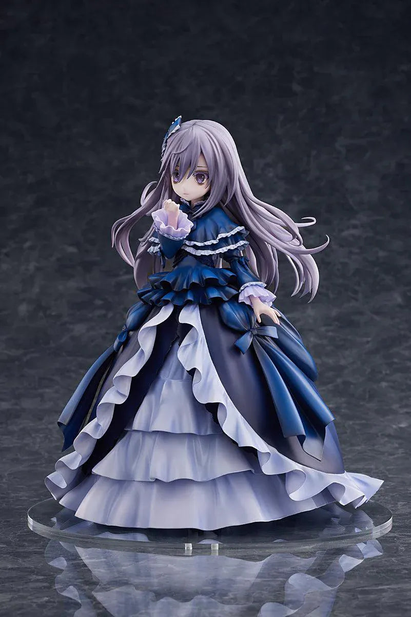 Yu-Gi-Oh! Monster Figure Collection Ghost Belle and Haunted Mansion 1/7 Scale Figure with lavender hair, dark blue gothic dress, layered ruffles, and clear display base