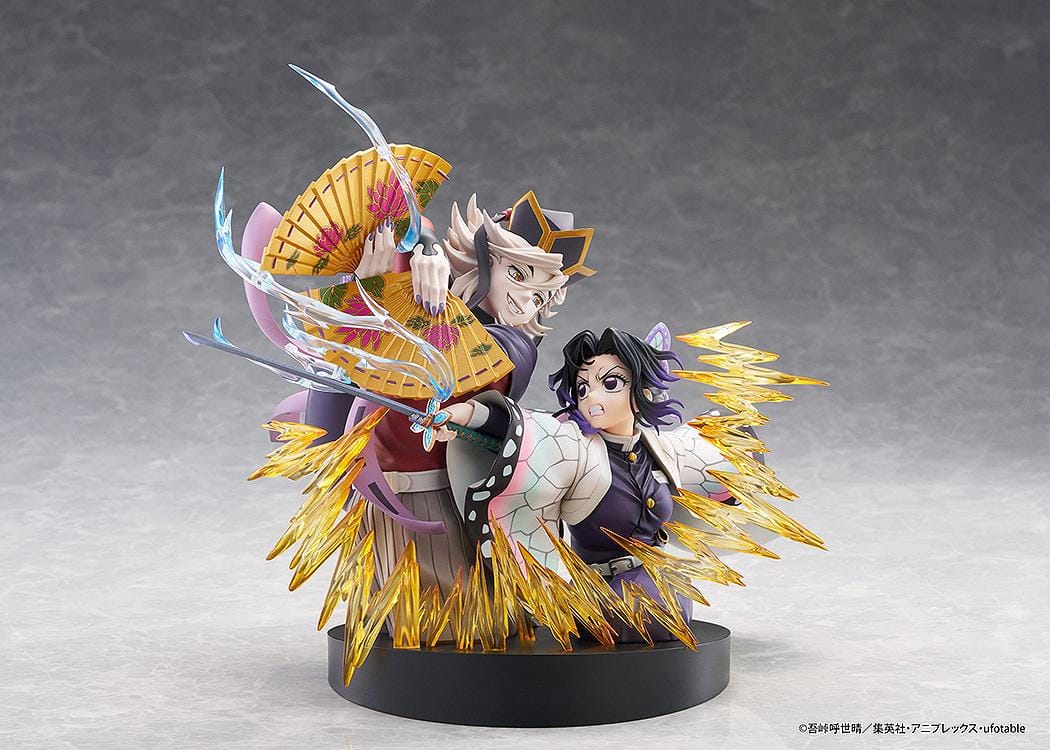 Demon Slayer Kimetsu no Yaiba Shinobu Kocho and Doma Non-Scale Figure with battle pose, translucent attack effects, fan accessory, and display base