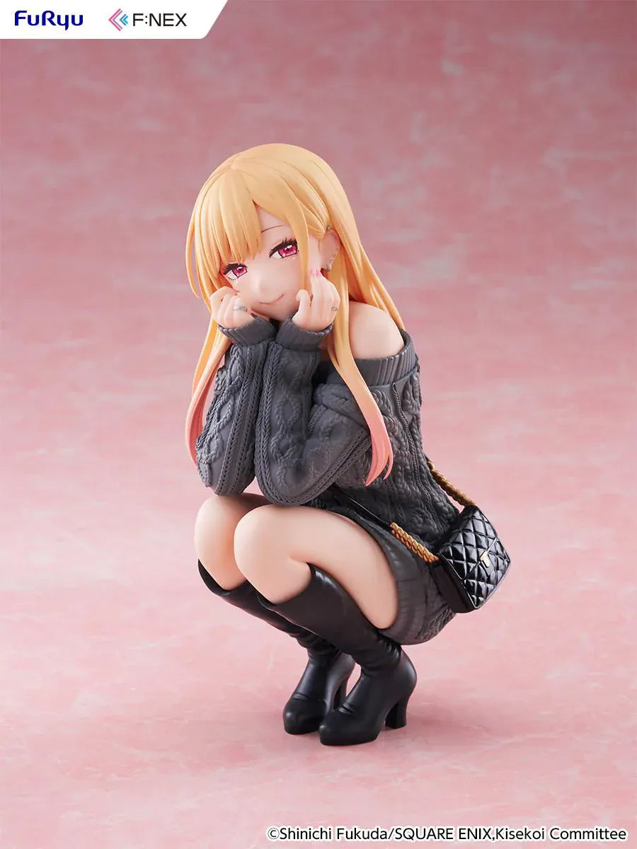 My Dress-Up Darling Kitagawa Marin knit ver. 1/6 Scale Figure featuring Marin with long blonde hair, gray oversized sweater, black boots, quilted bag, and crouching pose.