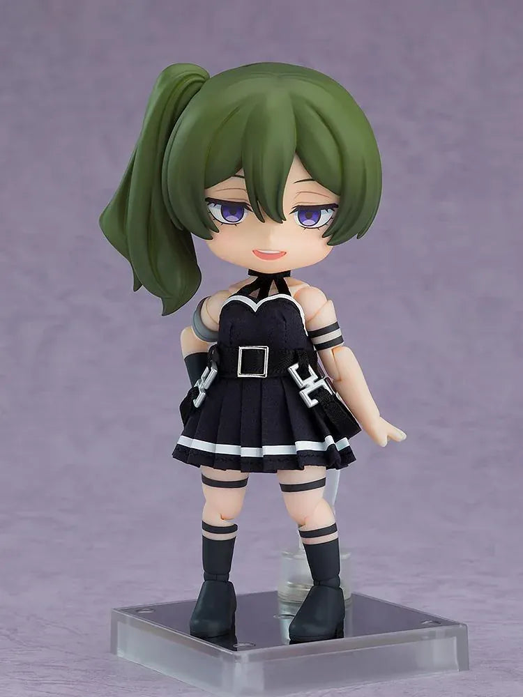 Frieren Beyond Journey's End Nendoroid Doll Übel with green hair, purple eyes, a black fabric dress with white trim, buckled belt, and black boots.