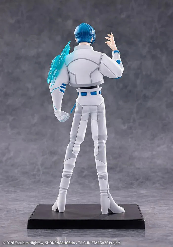Trigun Stampede Oshi Works Legato Bluesummers figure featuring Legato in his white outfit with translucent blue enhanced arm effect
