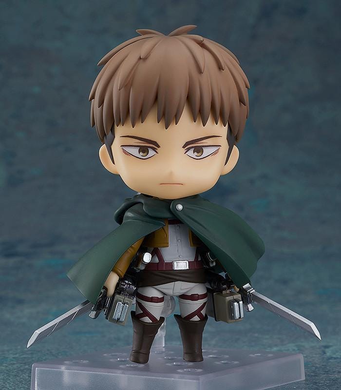 Attack on Titan Nendoroid Jean Kirstein rerelease figure wearing his Survey Corps uniform and green cloak with dual blades and maneuvering gear.