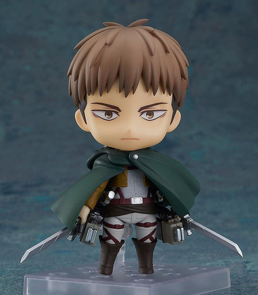 Attack on Titan Nendoroid Jean Kirstein rerelease figure wearing his Survey Corps uniform and green cloak with dual blades and maneuvering gear.
